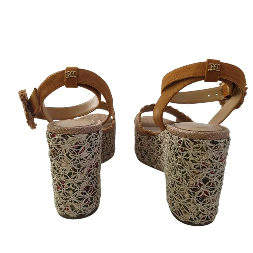 Sam Edelman Tan Floral Amber Espadrille Platform Ankle Strap Sandals Size 9